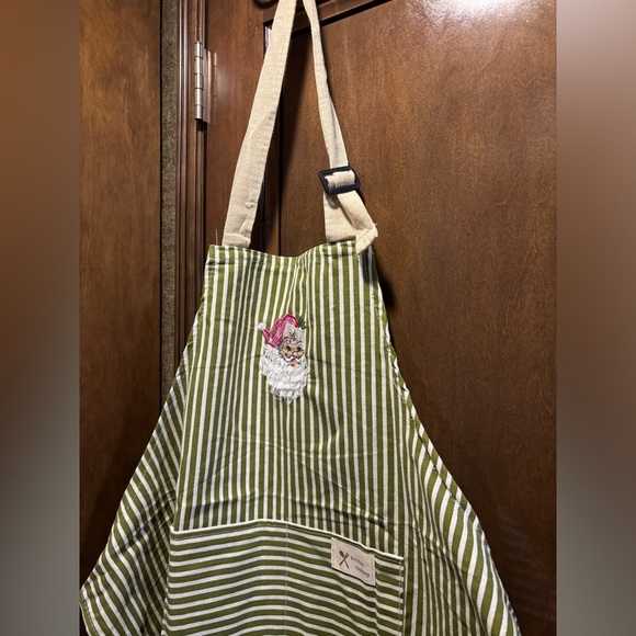 Striped Santa Embroidered Apron 2 Pockets - Picture 2 of 2